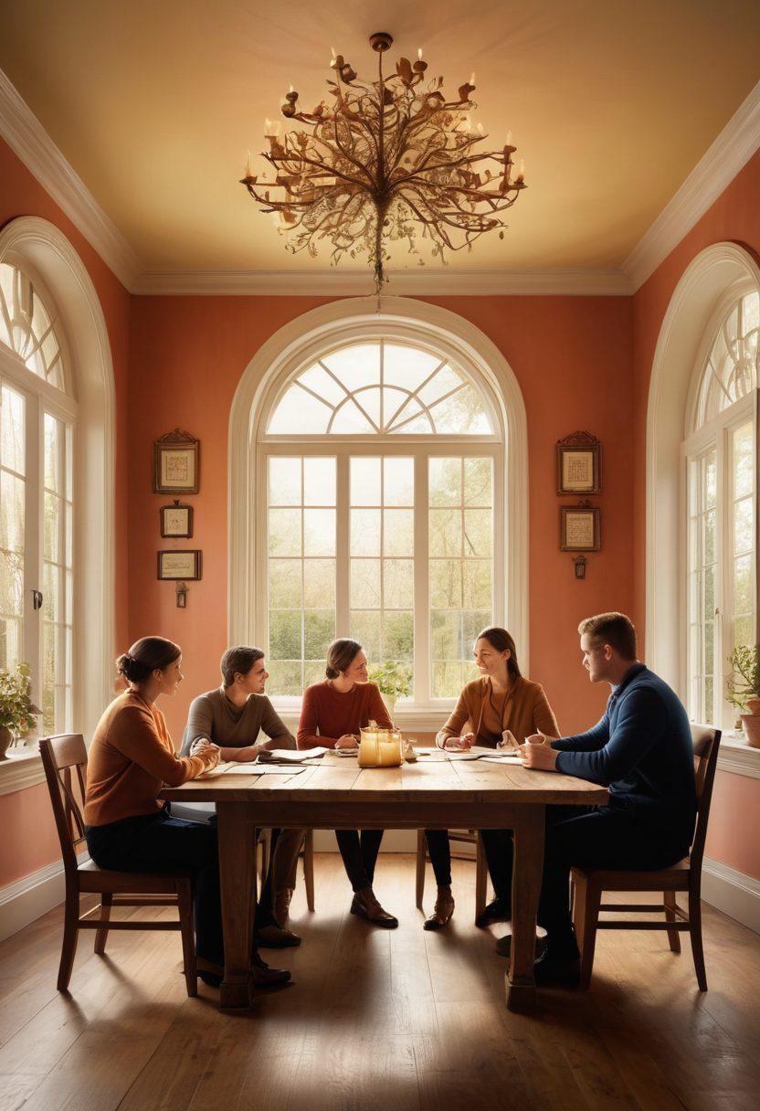 A harmonious family gathered around a table, discussing their future while surrounded by symbols of security like a shield, a safe, and a growing tree. The atmosphere radiates warmth and trust, highlighting financial documents and personal items that represent their relationships. The background should be soft and inviting, with natural light streaming in, symbolizing hope and security. super-realistic. vibrant colors. warm tones.