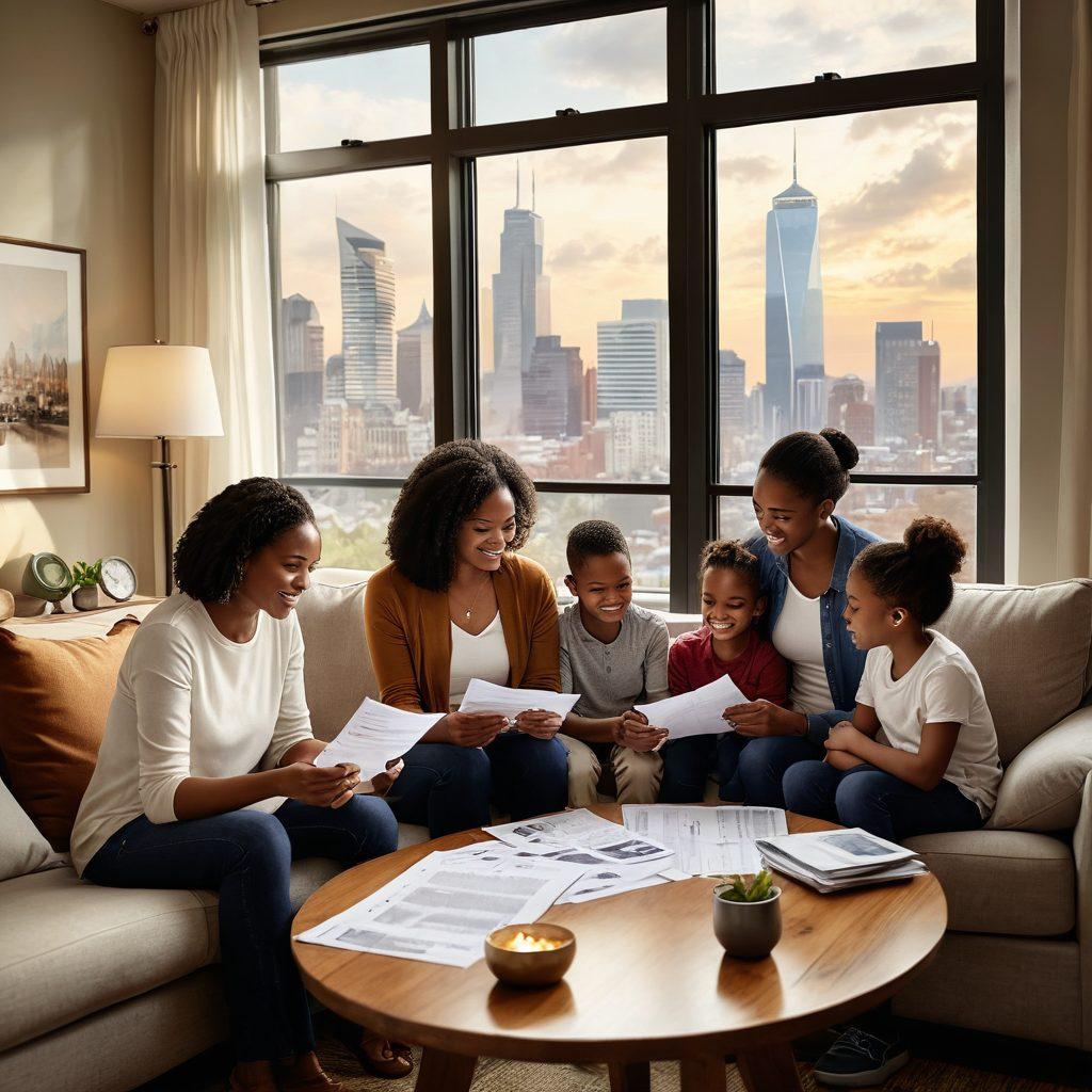 A serene scene depicting a diverse family happily reviewing their financial documents in a cozy, well-lit living room. In the background, a large window shows a safe cityscape symbolizing security and stability. Visual elements include stacks of coins, insurance certificates, and a protective umbrella overhead, signifying comprehensive coverage. soft-focus, warm tones, inviting atmosphere.